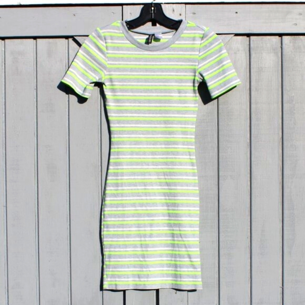 Divided by H&M Green & Grey Striped Bodycon Mini Dress – Size XS